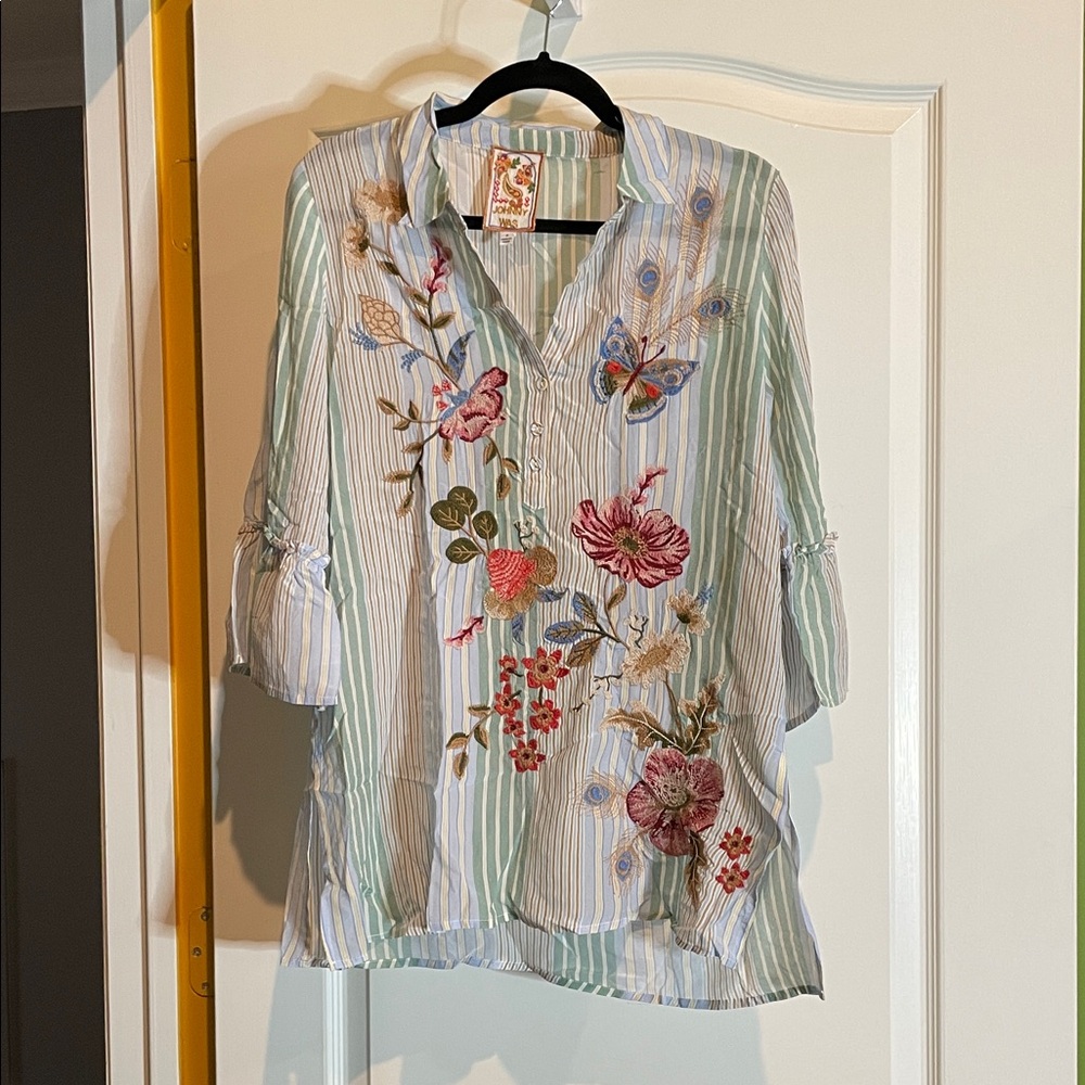 Johnny Was Embroidered Striped Floral Tunic Top - Light Green/White